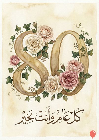رقم « 80 » ذهبي اللون مزين بالورود الوردية والبيضاء، والأوراق الخضراء. فوق الرقم، يوجد تعبير خطي باللغة العربية، يظهر على ورق بني فاتح. يظهر بالون أحمر في الزاوية السفلية اليمنى.