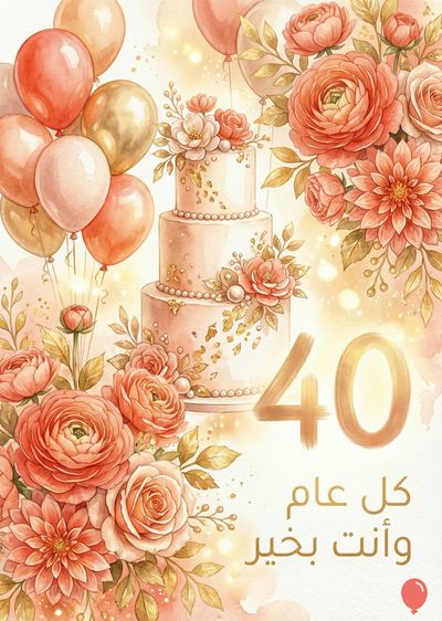 تصميم بطاقة تهنئة بمناسبة مرور 40 عاماً. يظهر كعكة من ثلاث طبقات مزينة بالزهور. على اليسار توجد مجموعة من البالونات، وفي الأسفل توجد زهور من نفس الألوان. الألوان السائدة هي اللون الوردي والذهبي، مع وجود عبارة « 40 » وكلمات « كل عام وأنت بخير ».