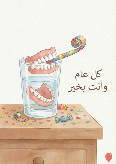 تصوير بأسلوب كرتوني لأسنان صناعية في كوب زجاجي. فوق الكوب، تلتصق صفة أسنان صناعية بـ« نفير » ملون. الأخير يفوق مستواه. على طاولة خشبية، تظهر زينة ملونة و« حلوى ». يظهر نص باللغة العربية: « كل عام وأنت بخير ».