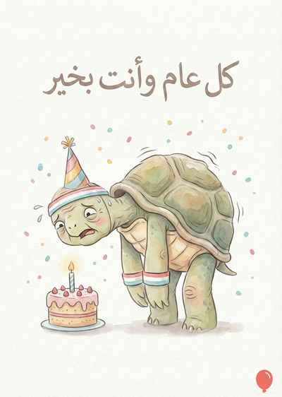 لوحة بالألوان المائية لسلحفاة حزينة تستعد لإطفاء شمعة على كعكة عيد ميلاد. ترتدي السلحفاة قبعة عيد ميلاد وحزاماً للرأس مع قميص وسروال بألوان زاهية. يطفو في الأعلى «كل عام وأنتم بخير». متعدد الألوان، نقاط مبعثرة كزينة عيد ميلاد.