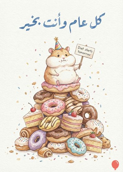 منمنمة بالماء، يظهر هامستر يرتدي قبعة أعياد فوق كومة من الكعك. يحمل الهامستر لافتة كتب عليها «Diet starts tomorrow». تتضمن الكومة كعكات مع طبقات مختلفة، و«دوناتس»، وكرواسان، وألوان بألوان الباستيل. في الأعلى، مكتوب باللغة العربية: «كل عام وأنت بخير».