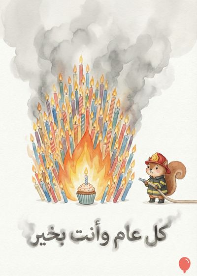 تصميم على طراز الألوان المائية يصور عيد ميلاد؛ كعكة عليها شمعة واحدة محاطة بشموع ملونة مشتعلة. سنجاب يرتدي خوذة ورداء رجل إطفاء يوجه خرطوم إطفاء الحريق نحو الشموع. يوجد «كل عام وأنت بخير» باللغة العربية.