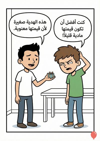 تصوير لنمط رسومي يمثل مشهدًا. يظهر شخصان يتحدثان في سياق حوار. يحمل الأول صندوق هدية، بينما يعبس الآخر. يظهران كلامهما في فقاعات. تحتوي الأولى على عبارة « كنت أفضل أن تكون قيمتها مادية قليلاً! »، والثانية تكتب « هذه الهدية صغيرة لأن قيمتها معنوية. »