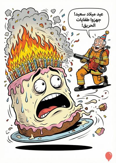 كعكة عليها شموع مشتعلة، تنظر برعب. رجل إطفاء يطفئ النار، يرتدي زي برتقالي وقبعة احتفالية. فقاعة حوار مكتوب فيها «عيد ميلاد سعيد! جهزوا طفايات الحريق!». أسلوب كرتوني، ألوان زاهية.