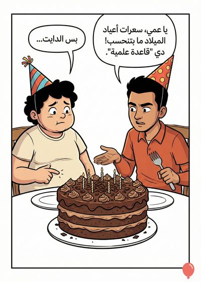 اثنان من الرجال يرتدون قبعات الحفلات يقفان حول كعكة عيد ميلاد. الأول يشير إلى بطنه ويبدو عليه الاستياء، بينما يمسك الثاني بشوكة وذات مظهر قلق. تحتوي بالونات الكلام على: «يا عمي، سعرات أعياد الميلاد ما بتنحسب! دي "قاعدة علمية"». و «بس الدايت...». الكعكة ذات طبقات من الشوكولاتة والشموع.