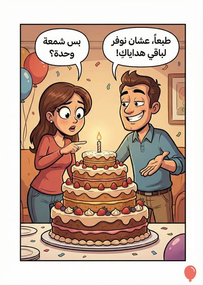 تصميم كرتوني، يصور حفل عيد ميلاد. امرأة تنظر إلى كعكة متعددة الطبقات مندهشة بينما يشير إليها الرجل، مبتسماً. توجد بلونات خلفهما. فقاعات كلام فوق رؤوس الشخصيات تحتوي على عبارات: «بس شمعة واحدة؟» و «طبعاً، عشان نوفر لباقي هداياك!». الطبقات تحتوي على فراولة وتوت.