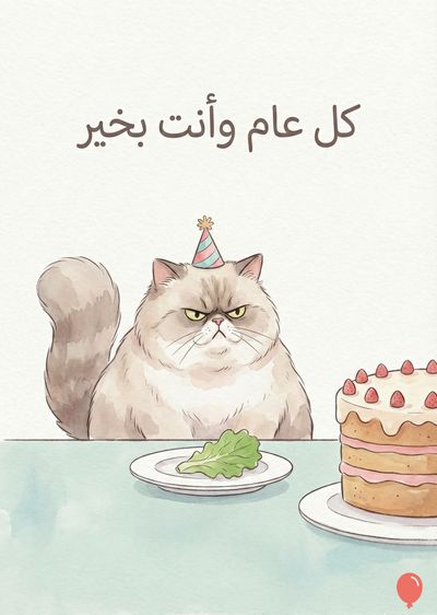 قط بلون كريمي يرتدي قبعة عيد ميلاد يحدق بغضب، ويقف أمام طاولة. أمامه طبق مع خس وطبق به كعكة عليها فراولة. يظهر فوقهما «كل عام وأنت بخير» باللون البني. يتميز العمل بأسلوب رسومي مائي.