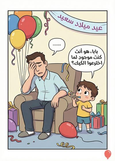 في مشهد احتفالي، أب جالس يضع يده على رأسه يعبر عن الإرهاق. بجواره طفل صغير يمسك بـ «زمارة». تظهر بالونات ملونة، هدايا و شريط كتب عليه «عيد ميلاد سعيد». الحوار يقول: «بابا، هو أنت كنت موجود لما اخترعوا الكيك؟»