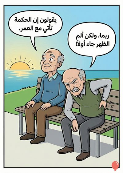 اثنان من الرجال المسنين يجلسان على مقعد خشبي في الهواء الطلق في رسم كاريكاتوري. يرتدي الأول سترة زرقاء وبنطلون بني. ويعبر الثاني عن الألم، يرتدي سترة خضراء، ويمسك بظهره. يظهران مع فقاعات خطاب فوقهما، وتحتوي على أسلوب الكتابة العربية. تظهر الشمس والبحر في ،.