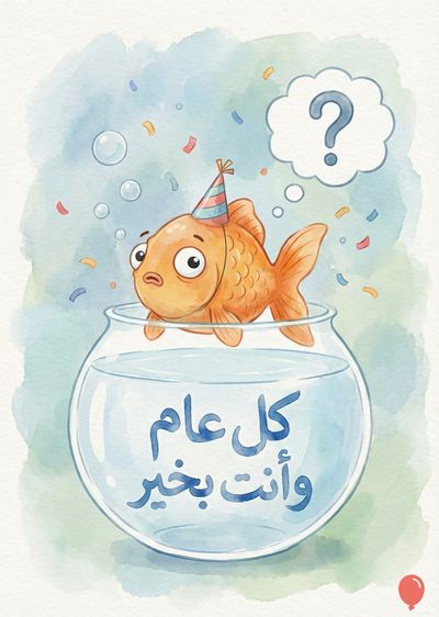 تصوير لأحيّة ذهبية مرسومة، ترتدي قبعة حفلات، تطفو فوق حوض سمك. فوقها فقاعة تفكير تحتوي على علامة استفهام. في الأسفل، توجد عبارة باللغة العربية: «كل عام وأنت بخير». يطفو حولها زخارف ملونة، مع مؤثرات مائية زرقاء وخضراء.