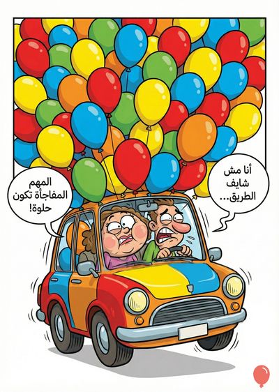 مركبة ملونة من طراز قديم تقودها امرأة ورجل. السيارة مغطاة بالبالونات متعددة الألوان. الرجل يتحدث قائلاً «أنا مش شايف الطريق...» والمرأة تقول «المهم المفاجأة تكون حلوة!». الألوان السائدة هي الأحمر والأصفر والأزرق والبرتقالي والأخضر.