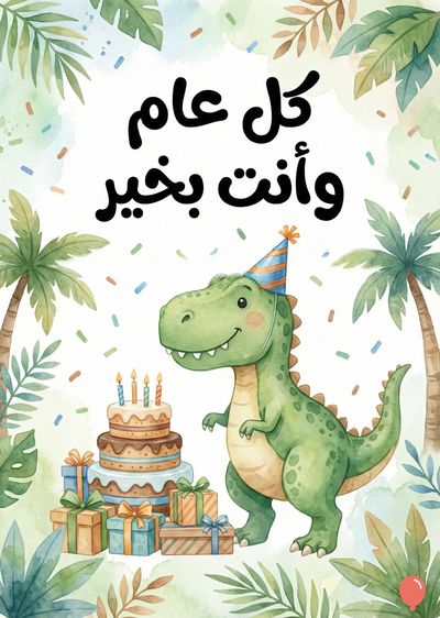 دكتوصور أخضر مبتسم يرتدي قبعة عيد ميلاد بجوار كعكة عليها شموع مضاءة، وهدايا. تظهر النخل والأوراق الخضراء حوله. أعلاه، يوجد نص باللون الأسود: «كل عام وأنت بخير». النمط الرسومي مائي.