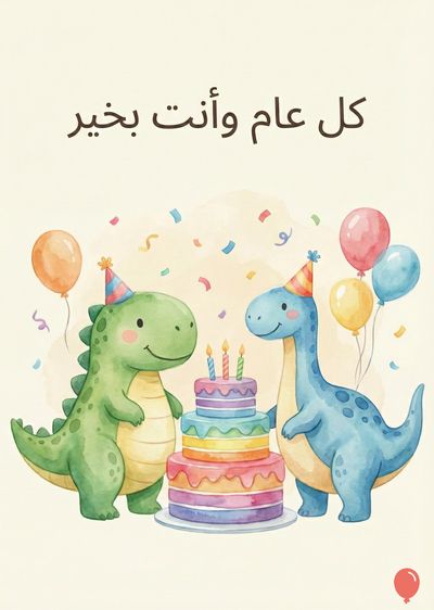اثنان من الديناصورات الرسومية ترتدي قبعات عيد الميلاد بجانب كعكة متعددة الطبقات مع شموع مضاءة وبالونات ملونة. النص العربي في الأعلى هو « كل عام وأنت بخير ». تقعان على لوحة ألوان باستيل مع القصاصات الورقية المتناثرة.