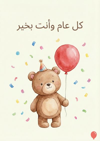 دب بني يحمل بالون أحمر، يرتدي قبعة عيد ميلاد. تناثرت قصاصات ملونة حوله. أعلى البطاقة «كل عام وأنت بخير» باللون البني الداكن. تصميم بأسلوب ألوان مائية على أرضية بيضاء باهتة.