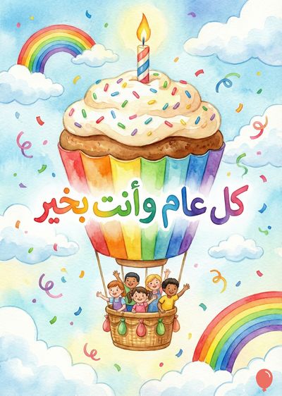 تصميم بأسلوب الألوان المائية لكعكة عيد ميلاد في منطاد هوائي. الكعكة مزينة بالكريمة وفوقها شمعة مشتعلة. المنطاد متعدد الألوان ويحمل مجموعة من الأطفال. تظهر أقواس قزح و« كل عام وأنت بخير » فوقهم. السماء زرقاء مع سحب بيضاء.