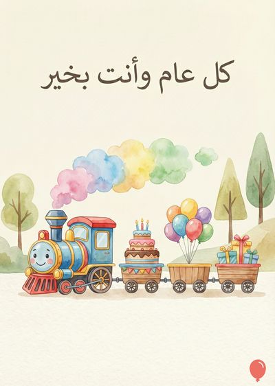 تصوير بأسلوب مائي، يصور قاطرة بخارية زرقاء وحمراء تجر ثلاث عربات. العربة تتضمن كعكة عيد ميلاد، وبالونات متعددة الألوان، وصناديق هدايا. يظهر دخان ملون من القاطرة، وشجر في الجانب العلوي، وعبارة باللغة العربية: «كل عام وأنت بخير».