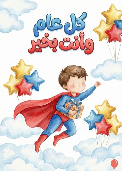رسم ألوان مائية لطفل يرتدي زي بطل خارق ويحمل هدية. يظهر الطفل يطير فوق الغيوم، مع بالونات على شكل نجمة بألوان مختلفة. في الأعلى عبارة «كل عام وأنت بخير» باللون الأزرق والأحمر.
