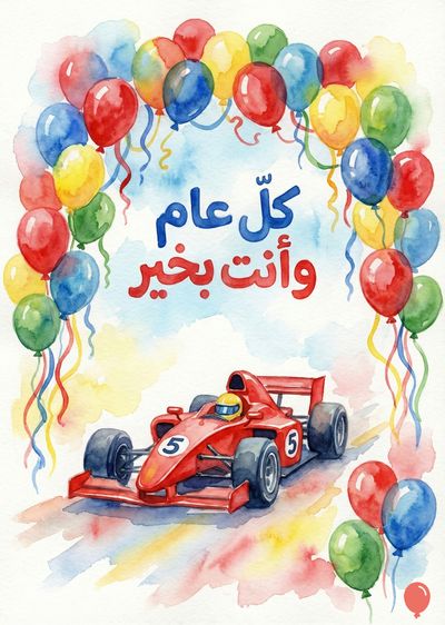 رسومات مائية. تظهر في الصورة بالونات ملونة تحيط بنص «كل عام وأنت بخير» باللغة العربية. في الأسفل توجد سيارة سباق حمراء مرسومة فوق بقع ملونة. البالونات ملونة بالأحمر والأصفر والأزرق والأخضر.