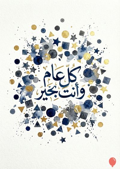 تصميم مائي بأسلوب مجرد يحتوي على أشكال هندسية ورشقات ألوان. مجموعات من الدوائر والنجوم والمربعات والمثلثات الذهبية والرمادية والزرقاء الداكنة. يتوسط التصميم عبارة بالخط العربي: « كل عام وأنتم بخير ».