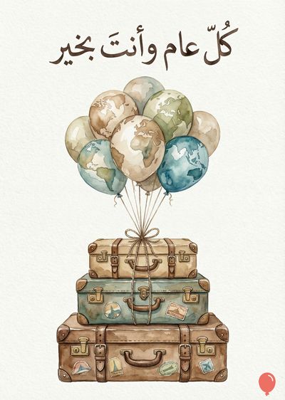 تتضمن بطاقة معايدة تصميمًا مائيًا. تظهر حقائب سفر مكدسة، و بالونات على شكل الكرة الأرضية ملونة متصلة بها. فوق ذلك، مكتوب باللغة العربية: «كل عام وأنت بخير». العناصر الرئيسية: ألوان ترابية، أسلوب مرسوم يدويًا.