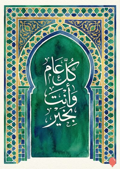 تصميم فني بألوان مائية يضم عناصر مستوحاة من العمارة الإسلامية. يشمل إطاراً من اللونين الأزرق والأخضر مع تفاصيل ذهبية ونقش. في المركز، هناك شكل مقوس يحتوي على عبارة «كل عام وأنتم بخير» مكتوبة بالخط العربي الأبيض.