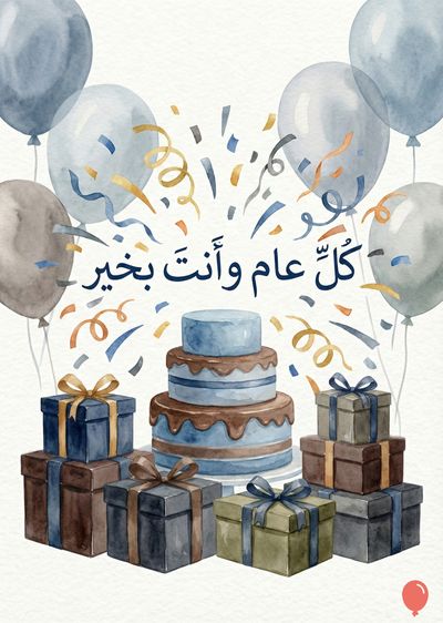 عمل فني مائي بأسلوب احتفالي. يظهر بالونات رمادية وأزرق فاتح. في المنتصف كعكة من ثلاث طبقات بنية وأزرق. تحيط بها هدايا من صناديق مختلفة. تظهر أوراق ذهبية وأزرق. فوقهم عبارة عربية «كل عام وأنت بخير».