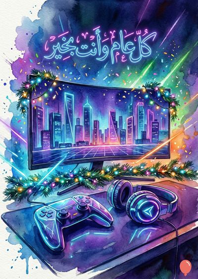 تصميم مستوحى من ألوان مائية يصور شاشة منحنية تعرض أفق مدينة مضيئة. تشتمل عناصر التصميم على سماعات رأس، وحدة تحكم ألعاب، و زخرفة إكليل. تعلو الشاشة عبارة «كل عام وأنتم بخير» بإضاءة نيون. السردية تشمل ألوانًا زرقاء وأرجوانية متباينة في تأثيرات متنوعة.