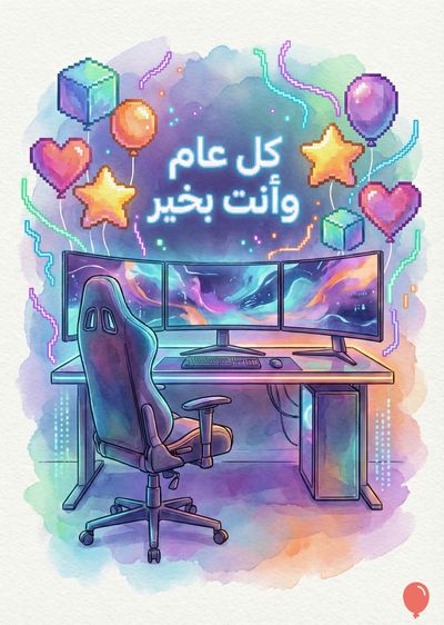 تصميم بأسلوب فني رقمي يصور مكتب ألعاب مع شاشة ثلاثية، وكراسي، على خلفية ملونة، مزينة بعناصر بأسلوب pixel-art مثل القلوب والنجوم والبالونات، مكتوب عليها « كل عام وأنت بخير » باللغة العربية، بألوان متألقة.