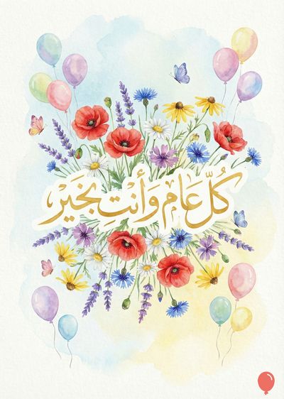 مقدمة بألوان مائية مزينة بباقة أزهار متناثرة بألوان زاهية، تتضمن أزهار الخشخاش الحمراء وأزهار الأقحوان البيضاء وزهور اللافندر الأرجوانية. تظهر فراشات متعددة الألوان. تطفو مجموعة من البالونات متعددة الألوان حول الباقة. يتوسط الباقة نص ذهبي اللون «كل عام وأنتم بخير».