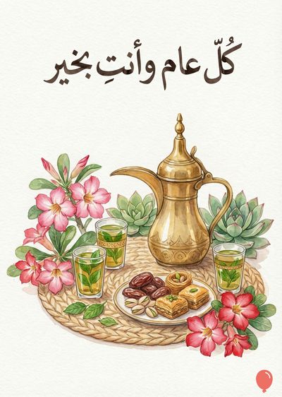 تظهر ألوان مائية، إناء قهوة ذهبي مع أكواب شاي، أوراق نباتات خضراء، أزهار وردية ونباتات عصارية، تمر، وبقلاوة على طبق. يظهر النص العربي باللون البني «كل عام وأنت بخير» في الأعلى.