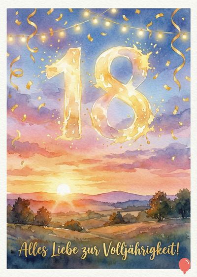 Aquarell-Komposition einer Landschaft bei Sonnenuntergang. Die Zahlen «18» schweben im Himmel, geschmückt mit Partydeko. Konfetti und Girlanden. Unterhalb der Landschaft steht die Aufschrift «Alles Liebe zur Volljährigkeit!».
