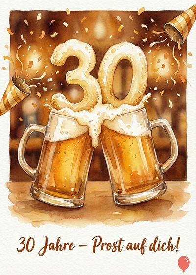Aquarell-Darstellung von zwei Bierkrügen, die anstoßen. Die Zahl «30» ist aus Schaum geformt und wird von Bier übergossen. Konfetti und Party-Tröten fliegen in der Szene. Schriftzug: «30 Jahre – Prost auf dich!».