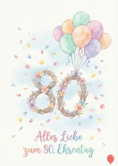 Aquarellartige Karte, zeigt eine »80« aus Ästen mit Blumen, von bunten Ballons gehalten. Konfetti und die Worte »Alles Liebe zum 80. Ehrentag« in Pastellfarben über blauem Himmel.
