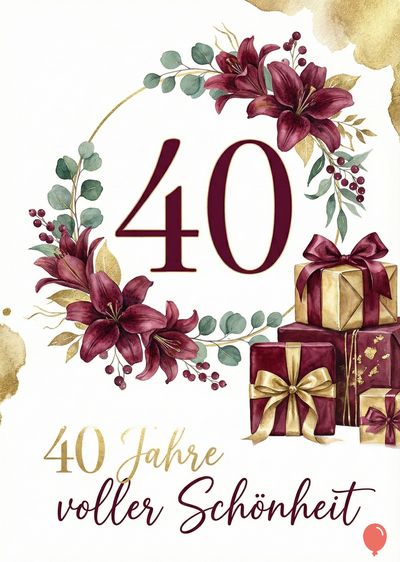 Ein Design mit floralen Elementen und Geschenken. Im Zentrum steht die Großzahl « 40 » in Burgunderrot, umgeben von einem Kranz aus Lilien, Eukalyptus und Beeren. Darunter steht in goldener Schrift « 40 Jahre voller Schönheit ». Rechts im unteren Bereich befinden sich Geschenke mit Schleifen.