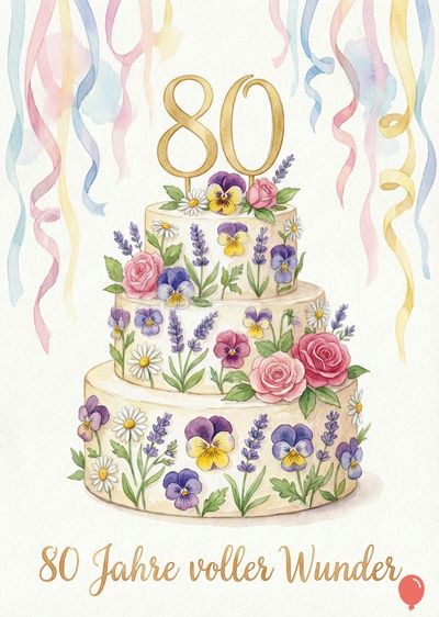 Aquarellartige Geburtstagskarte. Dreistöckige Torte mit goldfarbener « 80 ». Verziert mit Blütensorten. Bunte Girlanden. Unterhalb, goldfarbener Schriftzug « 80 Jahre voller Wunder ».