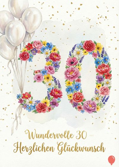 «30», bestehend aus bunten Blumen, mit Ballons links. Unterhalb steht «Wundervolle 30 – Herzlichen Glückwunsch» in goldener Schrift. Goldene Spritzer auf cremefarbenem Feld.