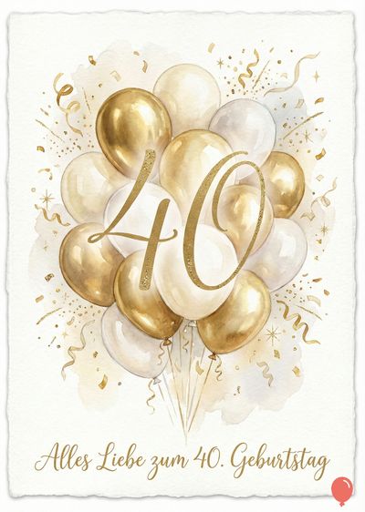 Aquarellartige Komposition mit goldfarbenen Luftballons, auf denen die Zahl «40» steht. Konfetti und Girlanden schmücken die Szene. Unterhalb «Alles Liebe zum 40. Geburtstag». Farbschema: Gold und Weiß auf cremefarbenem Papier.
