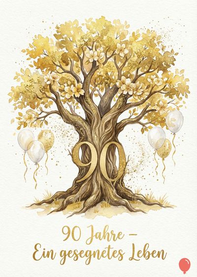 Aquarell eines Baumes mit Blättern und Blüten in Goldtönen. Die Zahl « 90 » ist am Stamm.  Ballons und « 90 Jahre – Ein gesegnetes Leben » in goldener Schrift.  Hellfarbiger Untergrund.