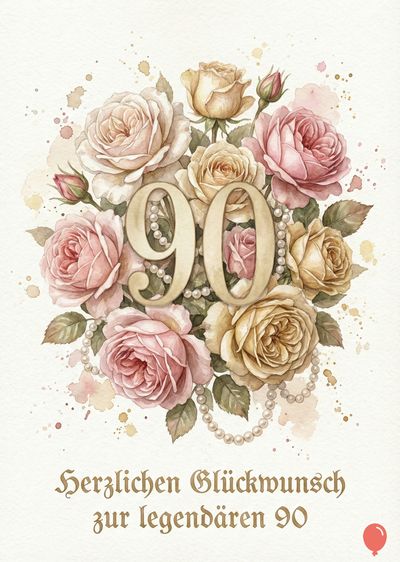 Ein Aquarellarrangement aus cremefarbenen, rosa und gelben Rosen mit einer « 90 », verziert mit Perlen. Darunter « Herzlichen Glückwunsch zur legendären 90 » in Serifen-Schrift.