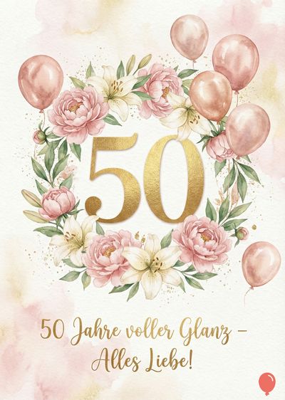 Blumenkranz mit rosa Pfingstrosen und Lilien umgoldene « 50 », dazu Ballons. Zarter, aquarellartiger Stil; goldfarbener Schriftzug « 50 Jahre voller Glanz – Alles Liebe ! »; rosa Farbspritzer.