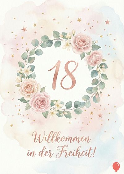Aquarell-Komposition einer floralen Kranz, umgeben von Pastelltönen, Sternchen und Konfetti. In der Mitte steht die Zahl «18», darunter steht «Willkommen in der Freiheit!»