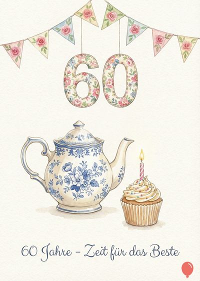Ein aquarellartiges Arrangement mit einer Teekanne, einem Cupcake, Girlanden und der Zahl «60». Die «60» ist mit floralem Stoff bedeckt, passende Girlandenfahnen schmücken den oberen Bereich. Auf dem Cupcake brennt eine Kerze. Der Satz «60 Jahre - Zeit für das Beste» steht unterhalb.