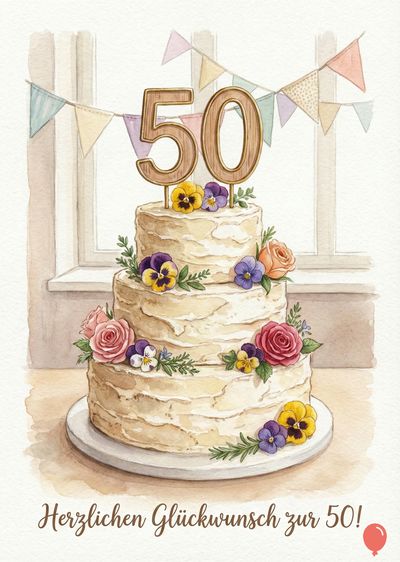 Dreistöckiger Kuchen in Aquarelloptik mit Blumen und «50» in Holzoptik. Girlanden aus bunten Wimpeln. Unterhalb: «Herzlichen Glückwunsch zur 50!». Ein roter Ballon.