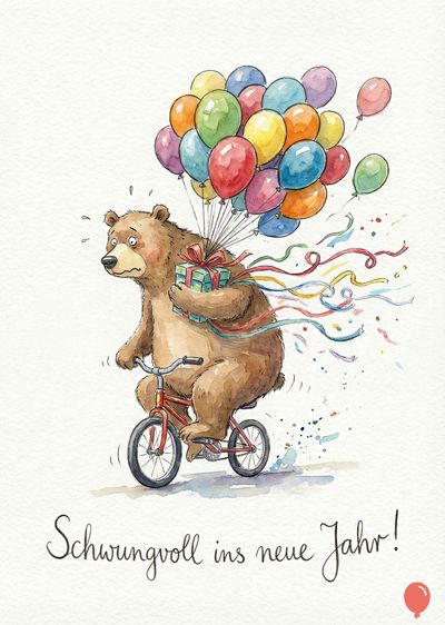 Ein Braunbär fährt auf einem roten Fahrrad. Er hält ein Geschenk und einen Ballonstrauß. Über ihm schweben viele bunte Ballons. Am unteren Rand steht «Schwungvoll ins neue Jahr!». Aquarell-Stil.