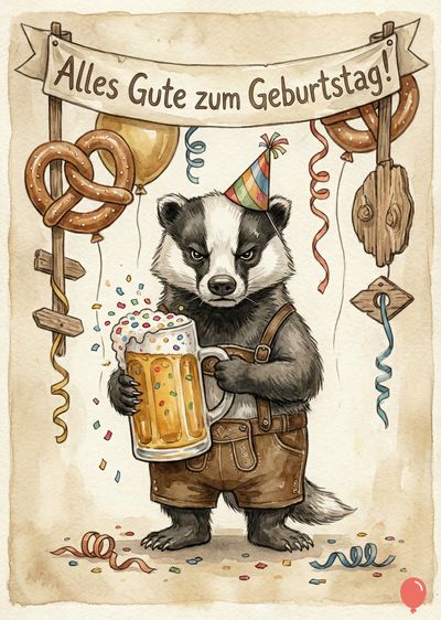 Ein Dachs in bayrischen Lederhosen und Partyhut hält ein Bierkrug. Banner mit «Alles Gute zum Geburtstag!». Brezeln, Konfetti und Luftballons in Aquarell-Optik.