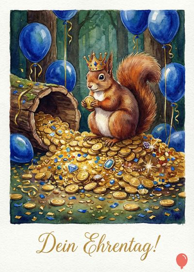 Ein Aquarellstil-Darstellung einer Eichhörnchenfigur mit einer Krone, die auf einem Münzhaufen sitzt. Blaue Ballons und ein Baumstamm mit Goldmünzen sowie der Schriftzug « Dein Ehrentag! ».