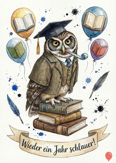 Eine Eule, gekleidet in einem Tweed-Sakko und einer Doktor-Hut, sitzt auf Büchern mit Ballons und Federn. Auf einem Banner steht «Wieder ein Jahr schlauer!». Aquarellfarben.