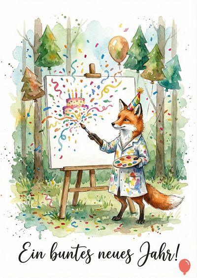 Eine Aquarellmalerei zeigt einen Fuchs in einem weißen Arbeitskittel mit Farbklecksen, der ein buntes Kuchen auf eine Leinwand malt, »Ein buntes neues Jahr!« steht darunter. Waldumgebung mit Luftballons und Girlanden.
