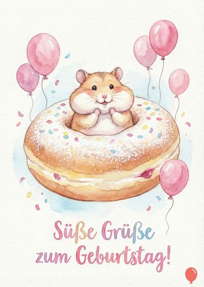 Aquarell-Darstellung eines Hamsters, der in einem Donut sitzt, umgeben von rosa Ballons und Konfetti. Auf dem Donut liegt buntes Streusel-Dekor. Unterhalb des Donuts steht: «Süße Grüße zum Geburtstag!».