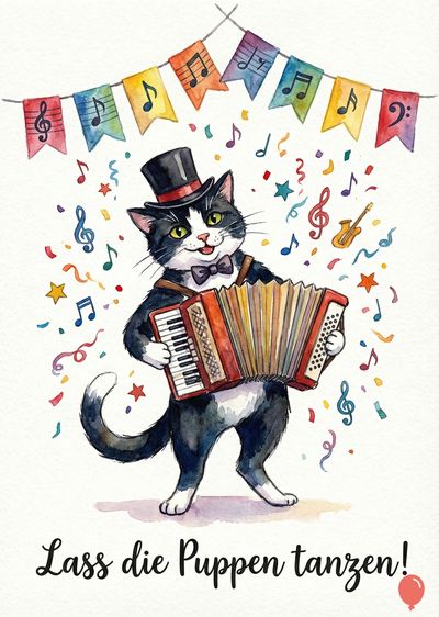 Eine Aquarellarbeit zeigt eine schwarz-weiße Katze, die ein Akkordeon spielt, Zylinder und Fliege tragend. Konfetti und Noten umgeben sie. Über ihr hängt eine Girlande mit Notenflaggen. Unterhalb steht « Lass die Puppen tanzen! »